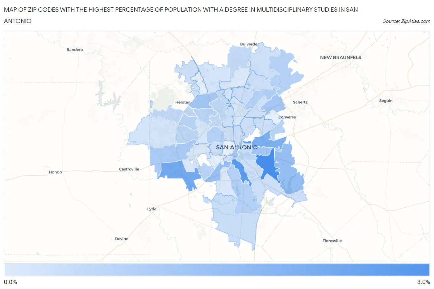 Zip Codes with the Highest Percentage of Population with a Degree in Multidisciplinary Studies in San Antonio Map