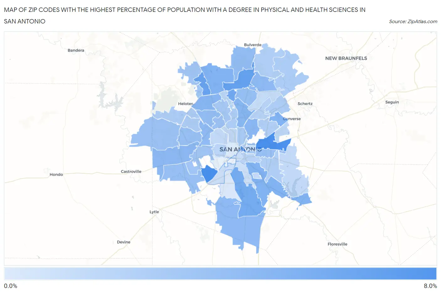 Zip Codes with the Highest Percentage of Population with a Degree in Physical and Health Sciences in San Antonio Map