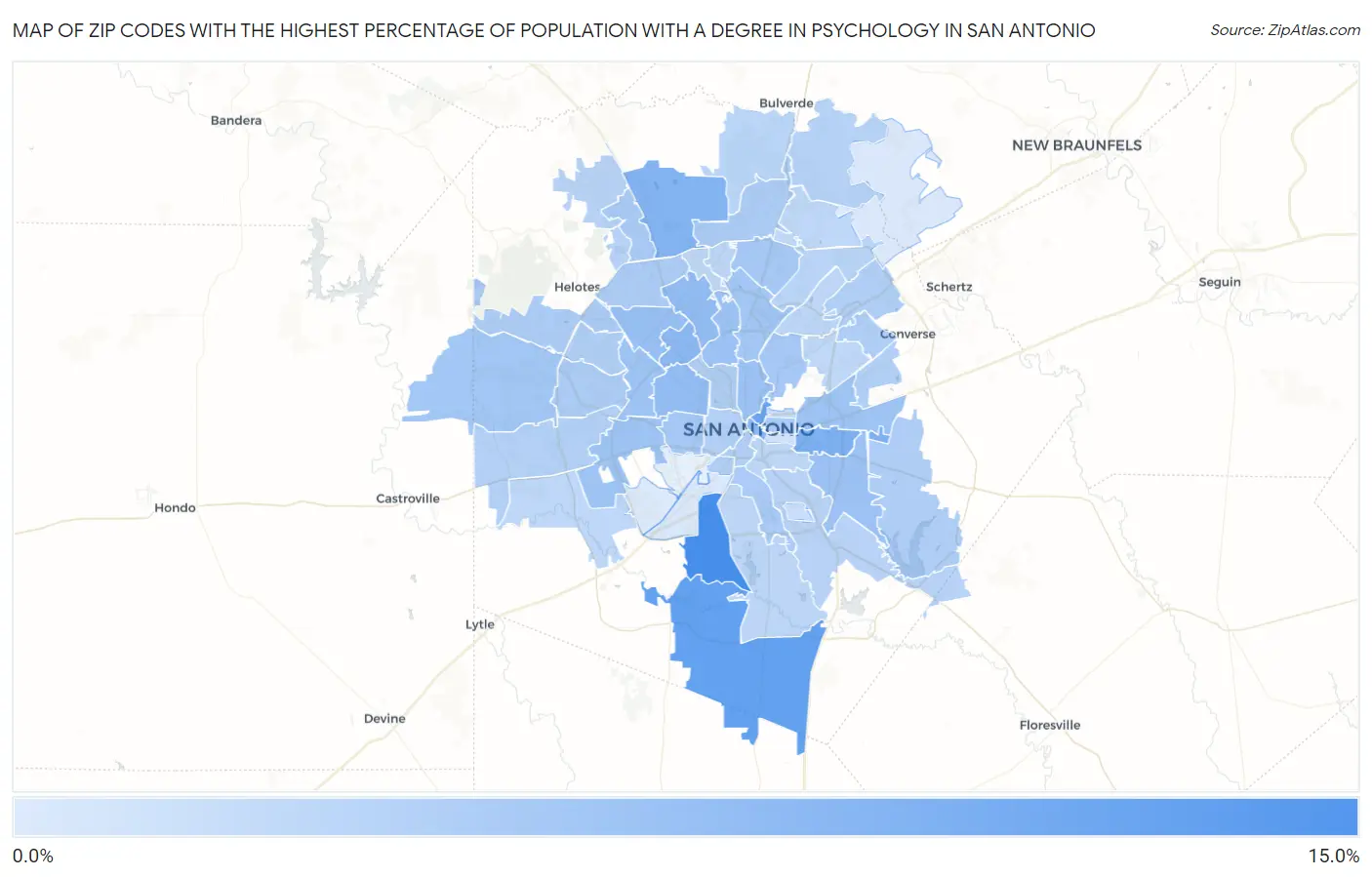 Zip Codes with the Highest Percentage of Population with a Degree in Psychology in San Antonio Map