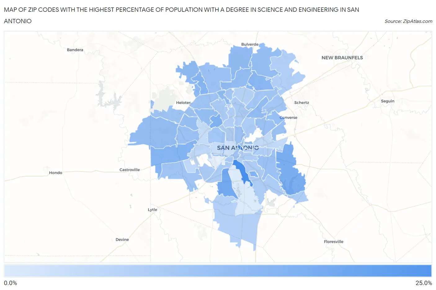 Zip Codes with the Highest Percentage of Population with a Degree in Science and Engineering in San Antonio Map