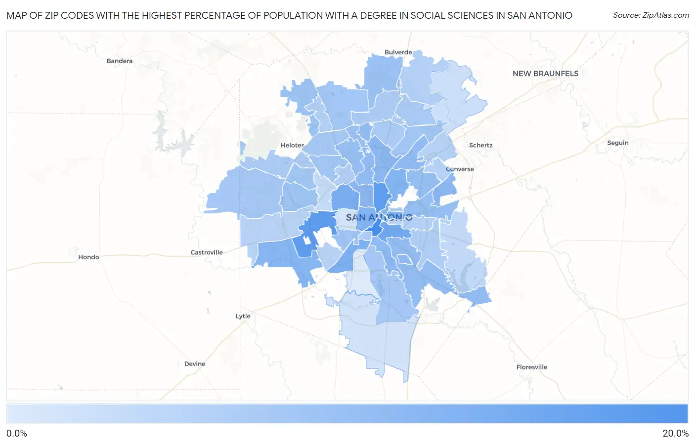 Zip Codes with the Highest Percentage of Population with a Degree in Social Sciences in San Antonio Map