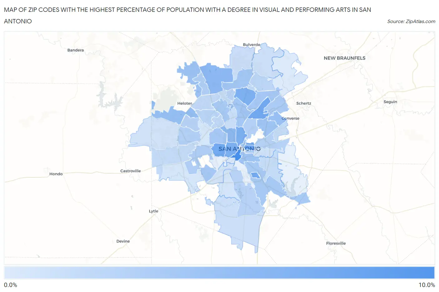 Zip Codes with the Highest Percentage of Population with a Degree in Visual and Performing Arts in San Antonio Map
