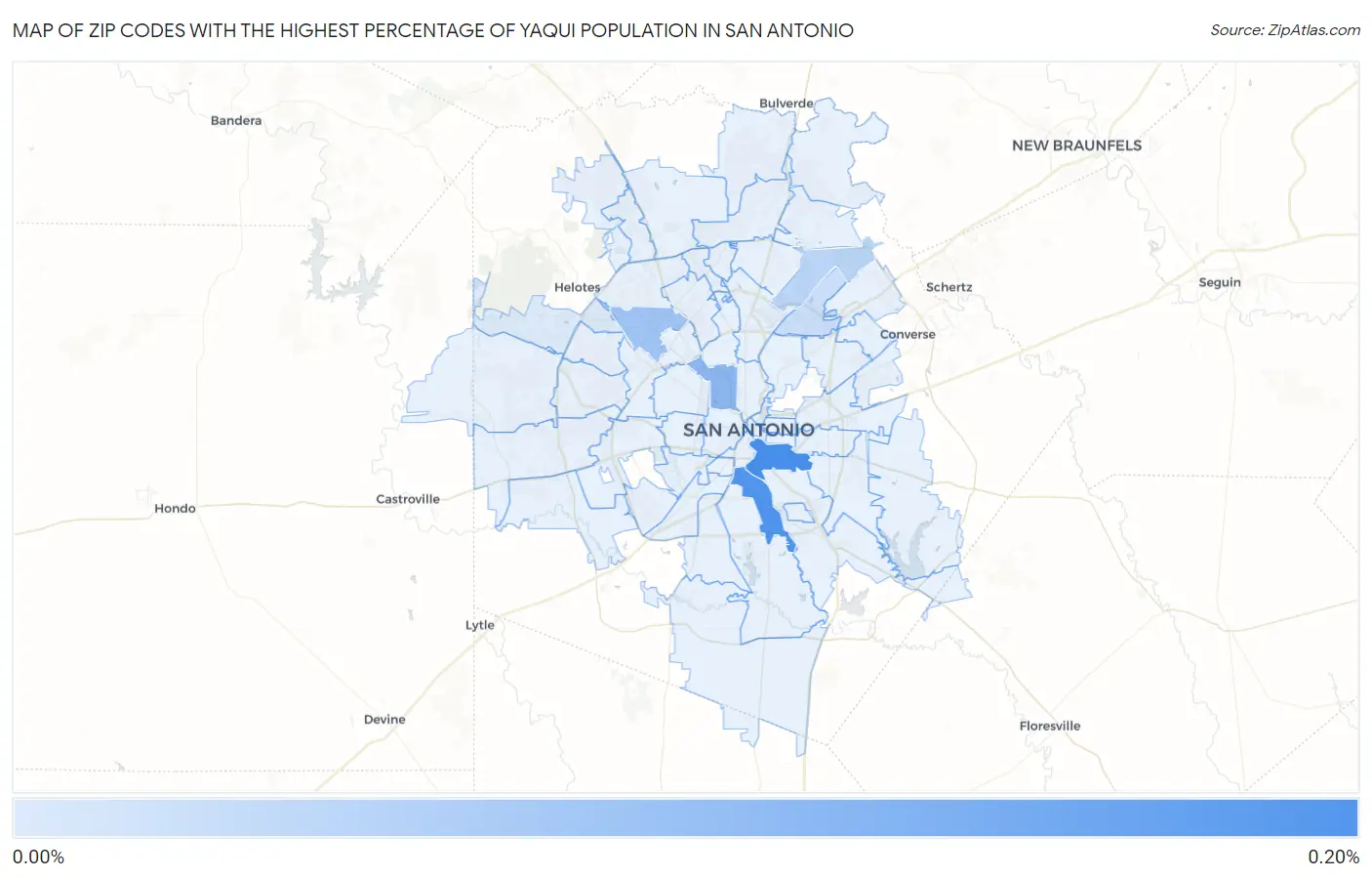 Zip Codes with the Highest Percentage of Yaqui Population in San Antonio Map
