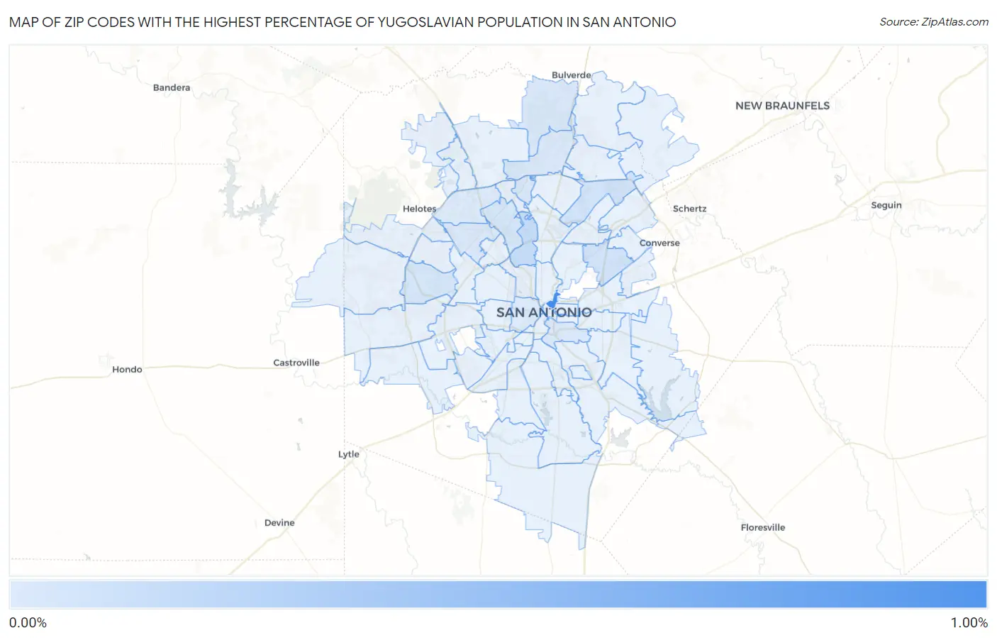 Zip Codes with the Highest Percentage of Yugoslavian Population in San Antonio Map