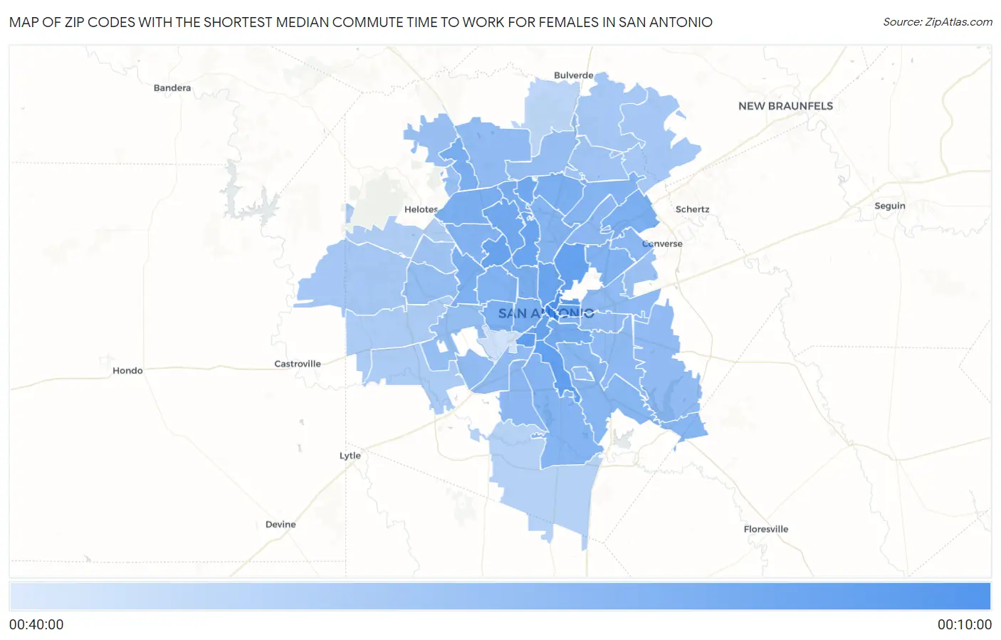 Zip Codes with the Shortest Median Commute Time to Work for Females in San Antonio Map