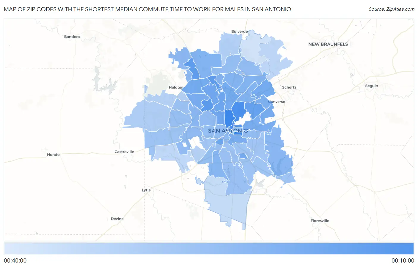 Zip Codes with the Shortest Median Commute Time to Work for Males in San Antonio Map