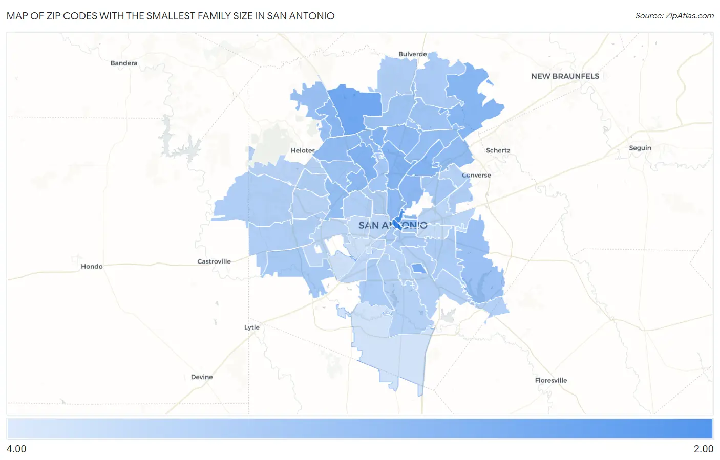 Zip Codes with the Smallest Family Size in San Antonio Map