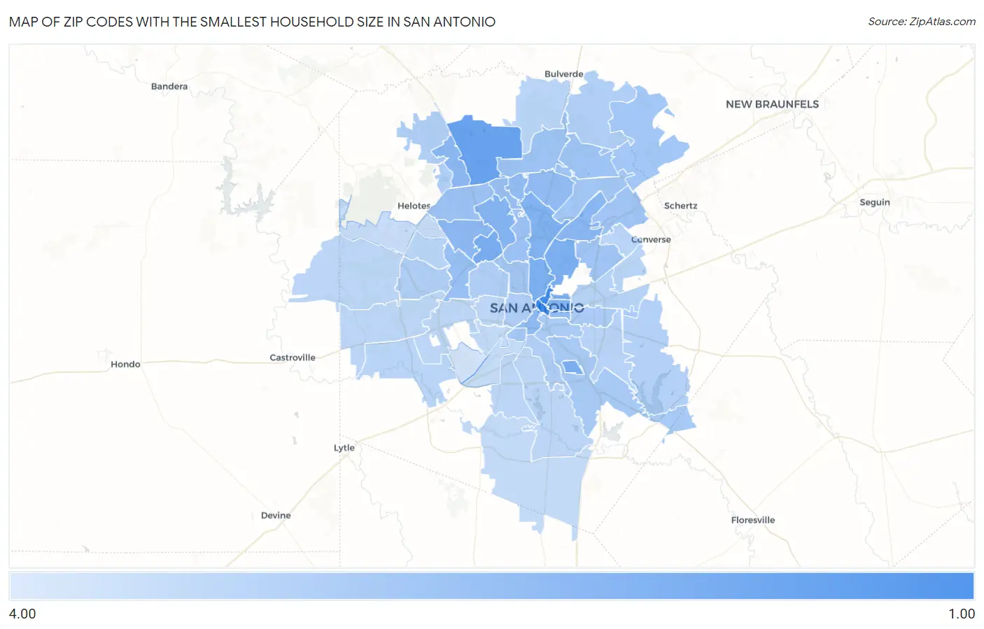 Zip Codes with the Smallest Household Size in San Antonio Map