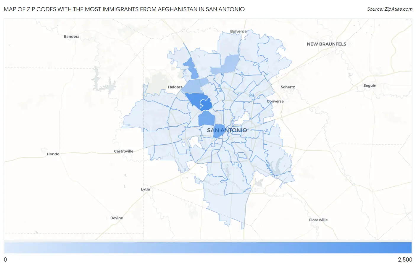 Zip Codes with the Most Immigrants from Afghanistan in San Antonio Map