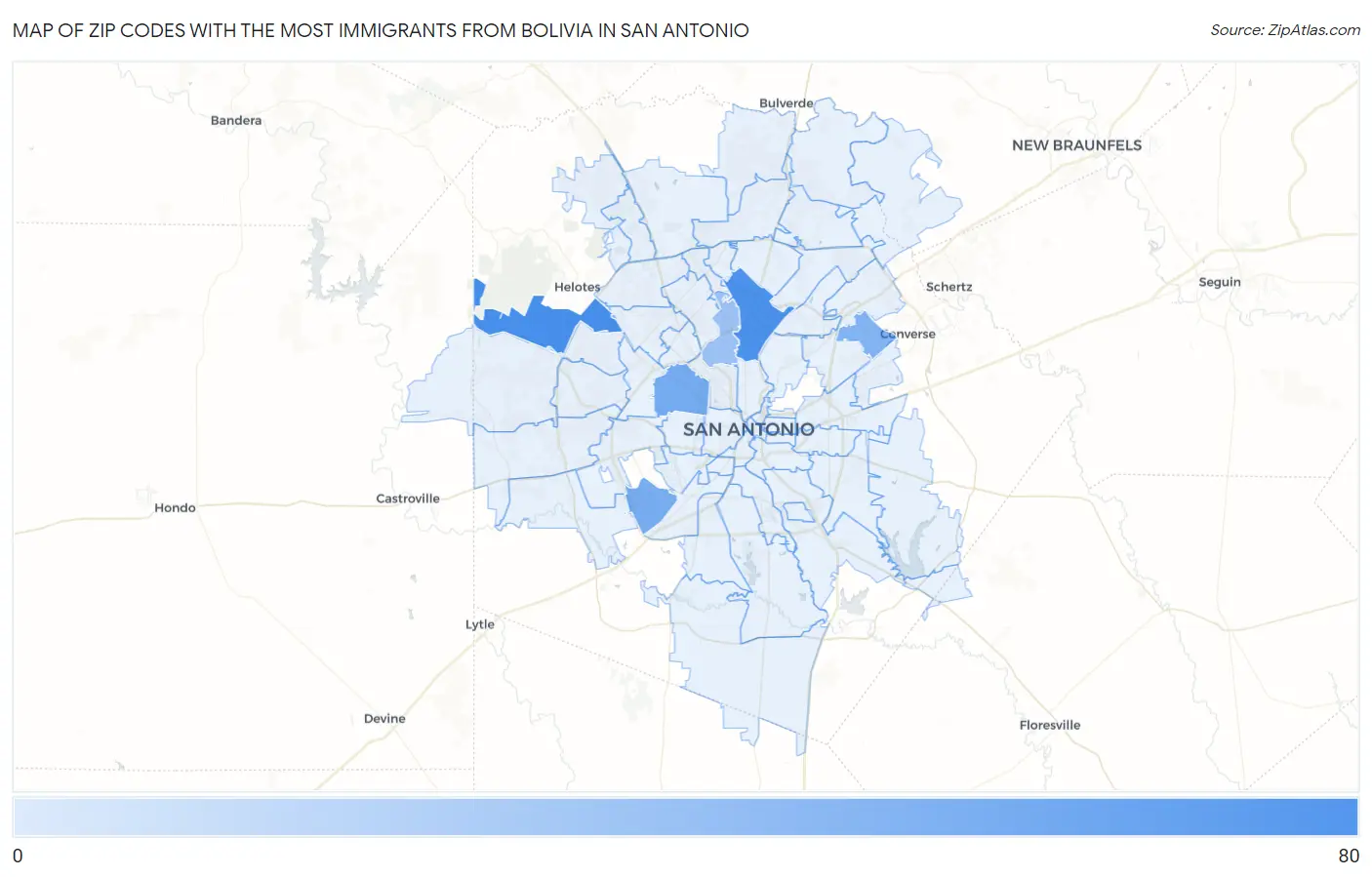 Zip Codes with the Most Immigrants from Bolivia in San Antonio Map