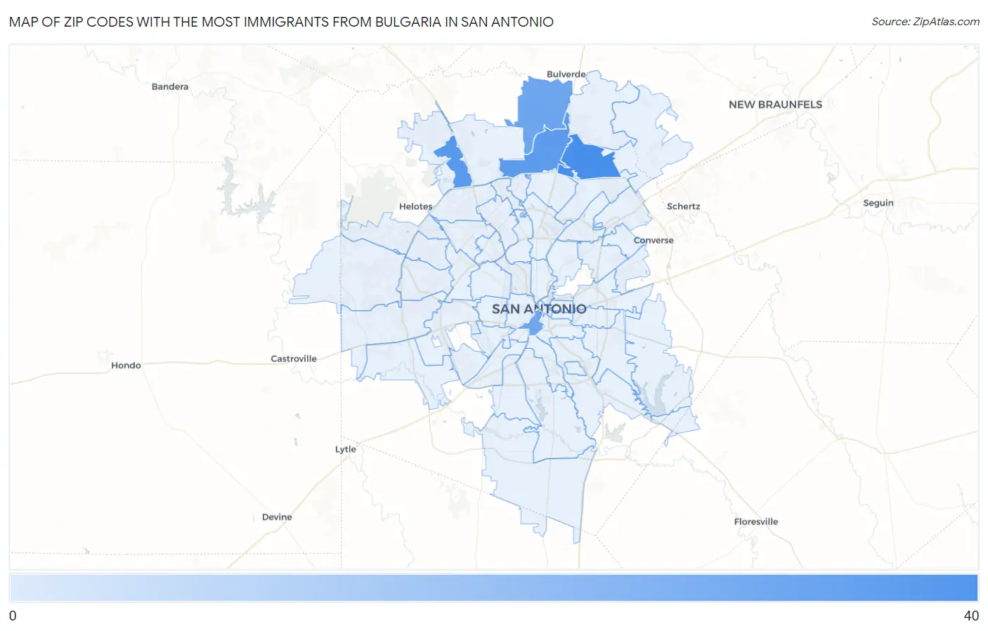 Zip Codes with the Most Immigrants from Bulgaria in San Antonio Map