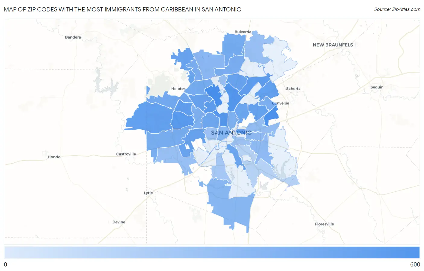 Zip Codes with the Most Immigrants from Caribbean in San Antonio Map
