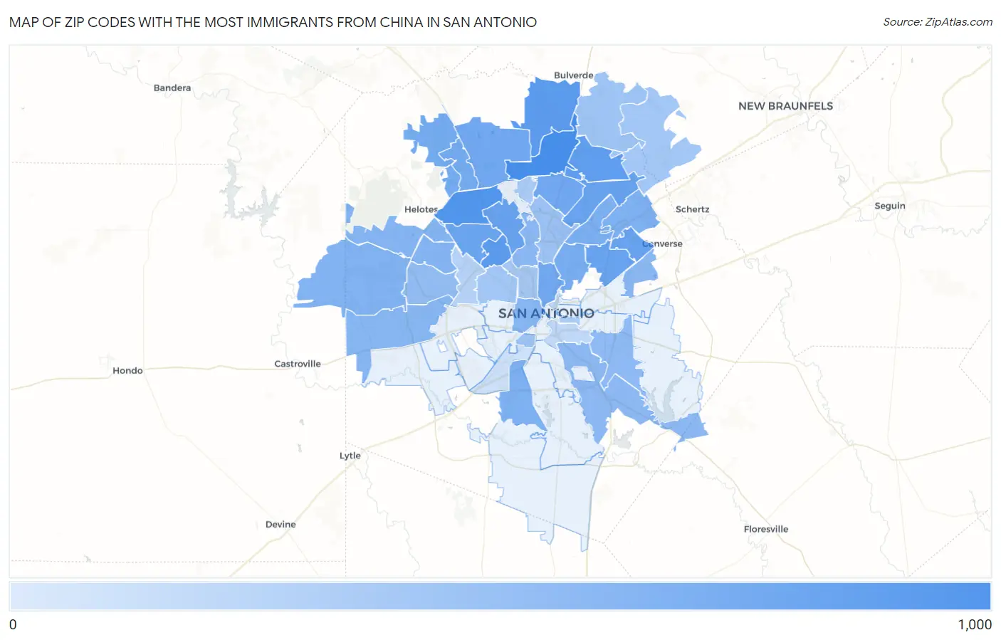 Zip Codes with the Most Immigrants from China in San Antonio Map