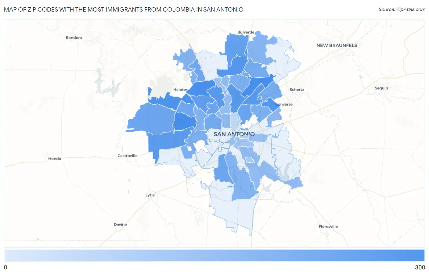 Zip Codes with the Most Immigrants from Colombia in San Antonio Map