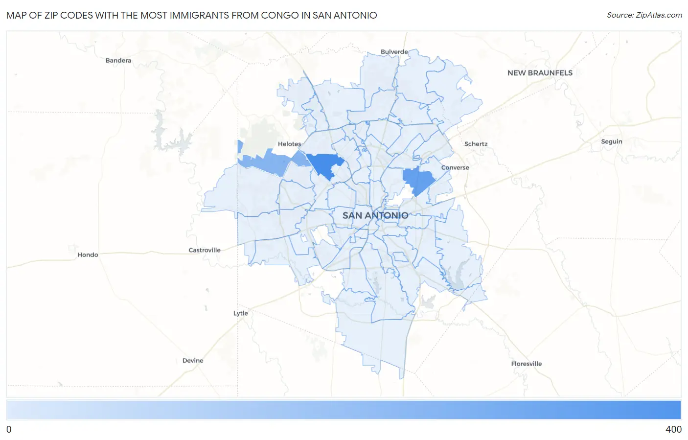 Zip Codes with the Most Immigrants from Congo in San Antonio Map