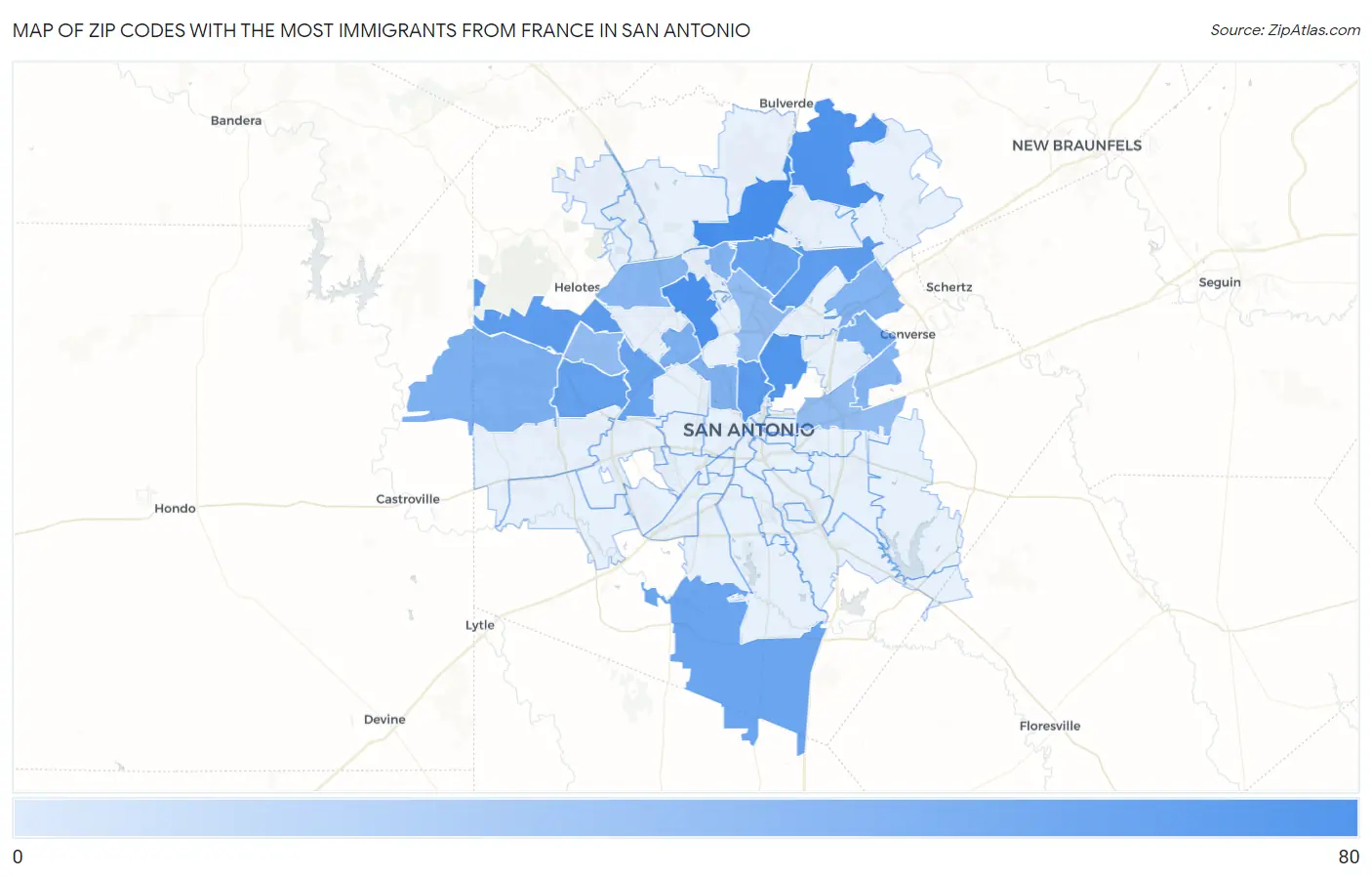 Zip Codes with the Most Immigrants from France in San Antonio Map