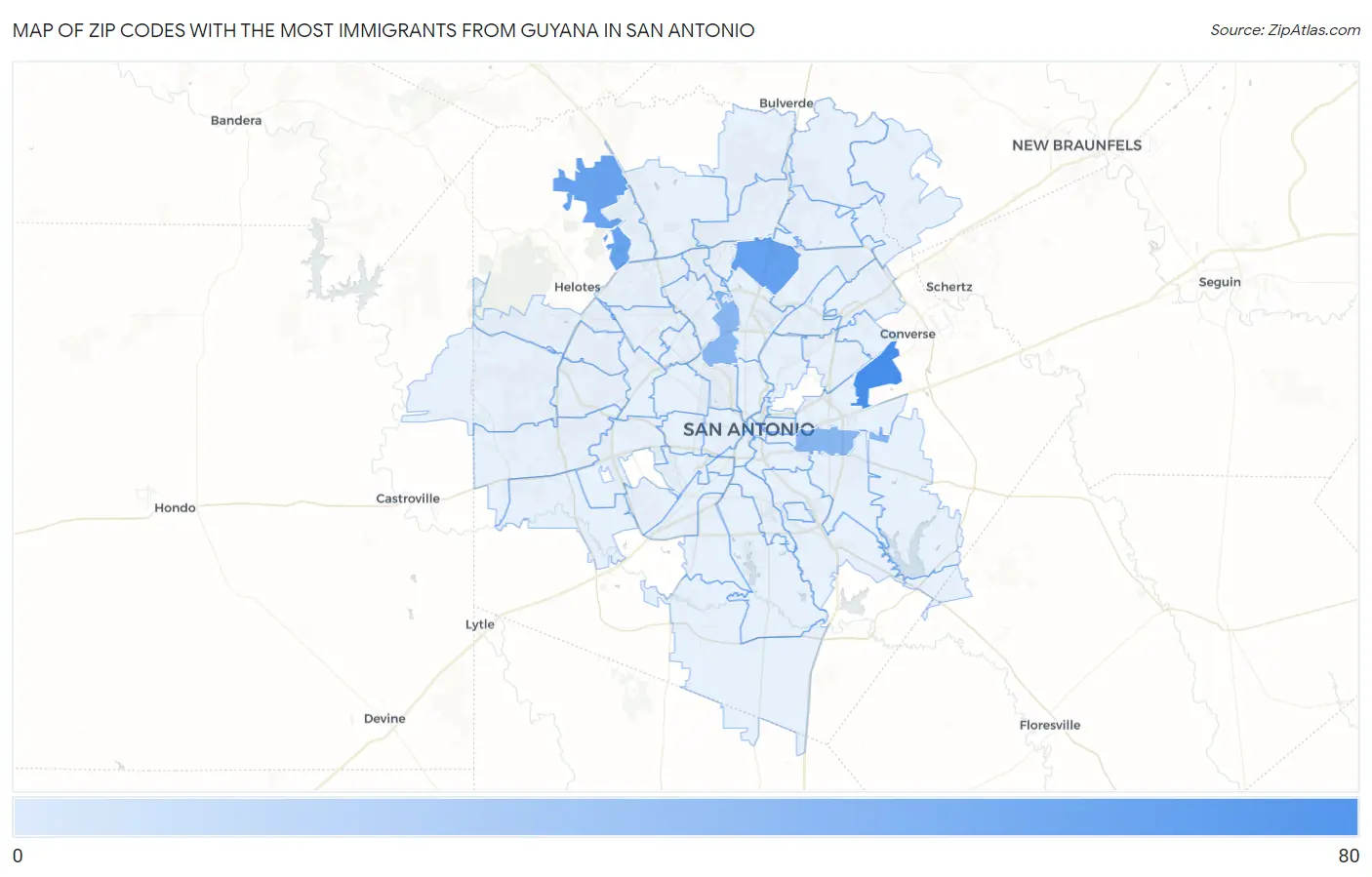 Zip Codes with the Most Immigrants from Guyana in San Antonio Map