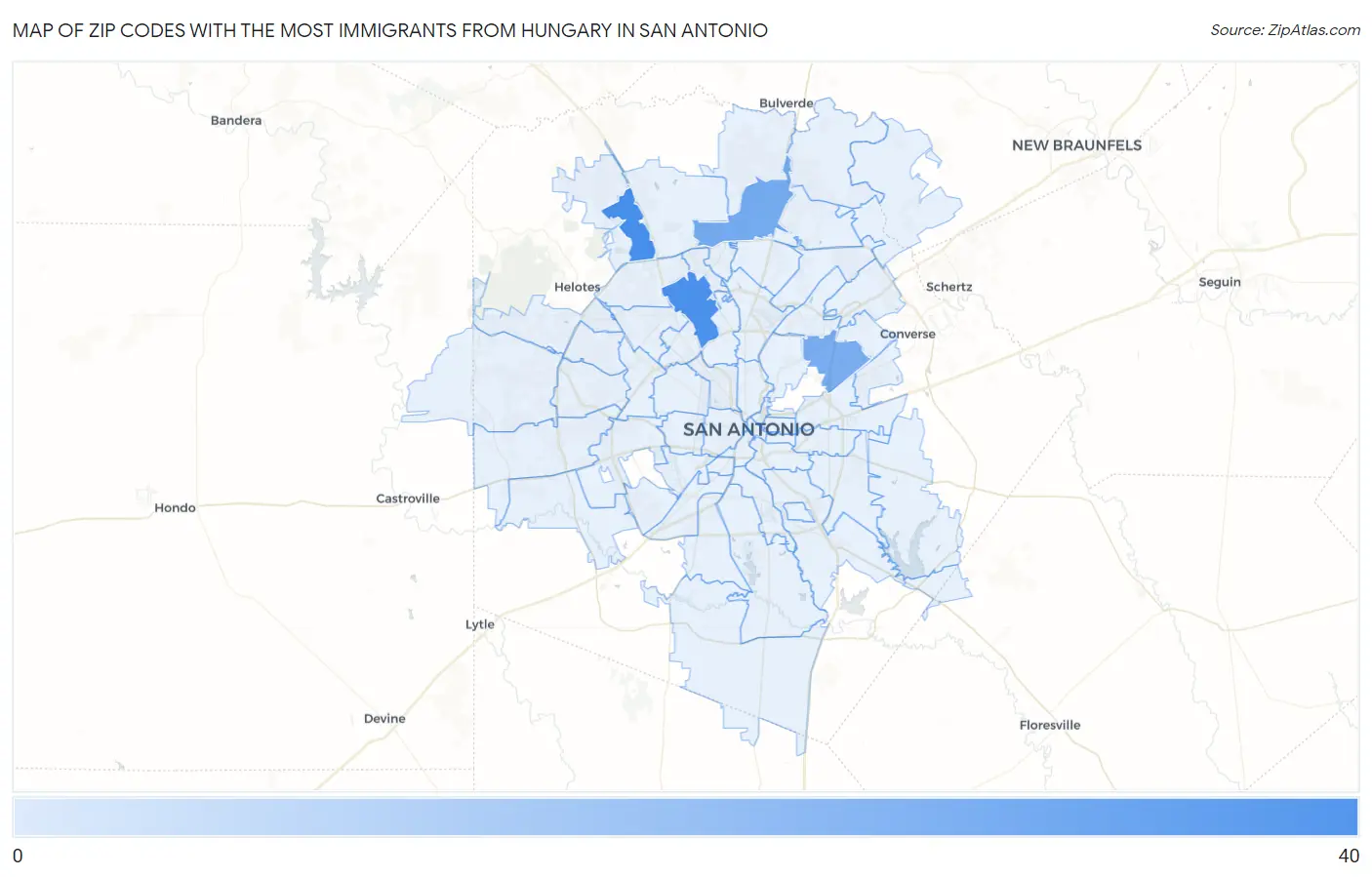 Zip Codes with the Most Immigrants from Hungary in San Antonio Map