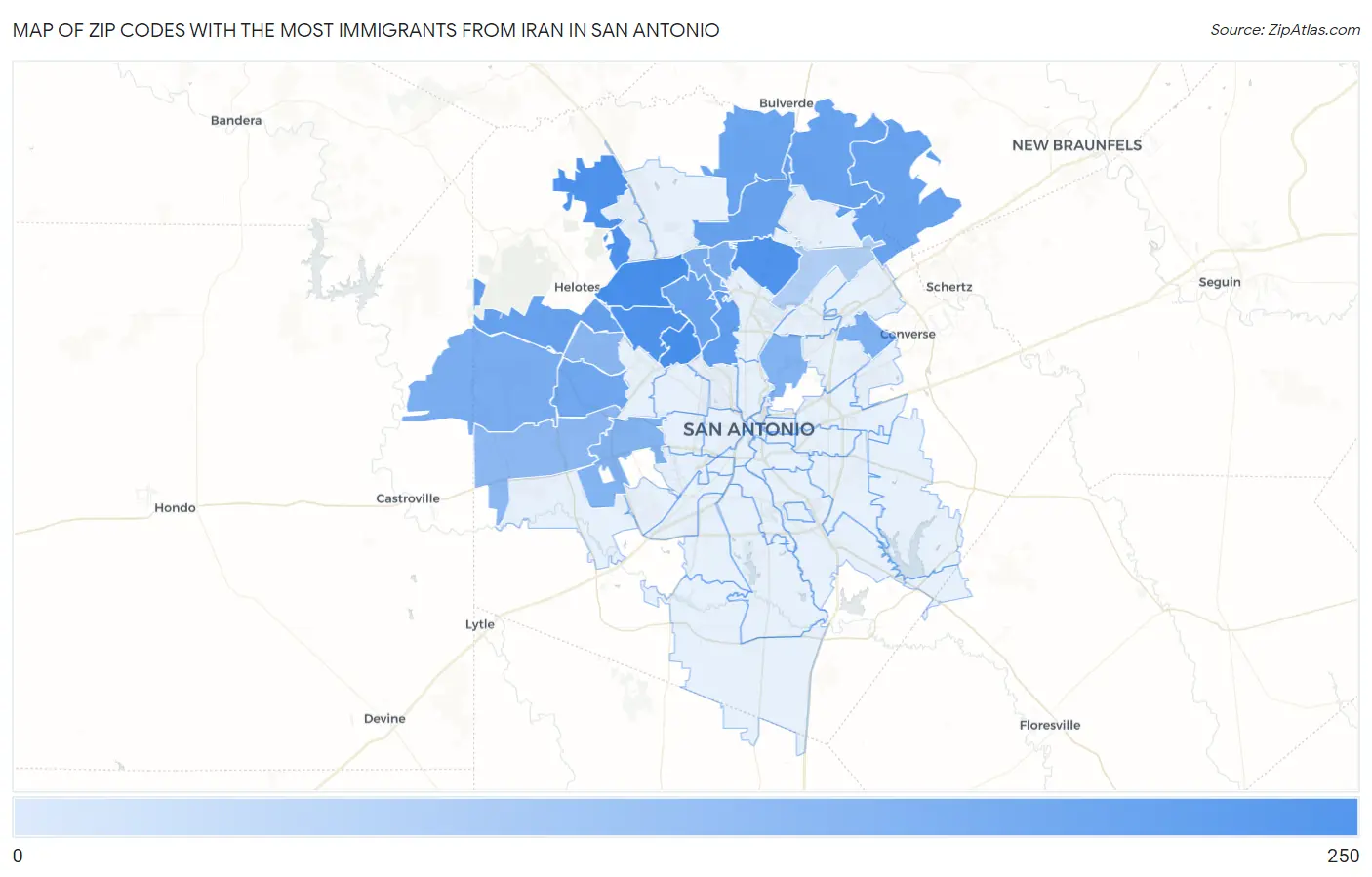 Zip Codes with the Most Immigrants from Iran in San Antonio Map