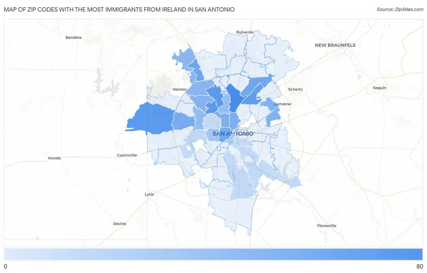 Zip Codes with the Most Immigrants from Ireland in San Antonio Map
