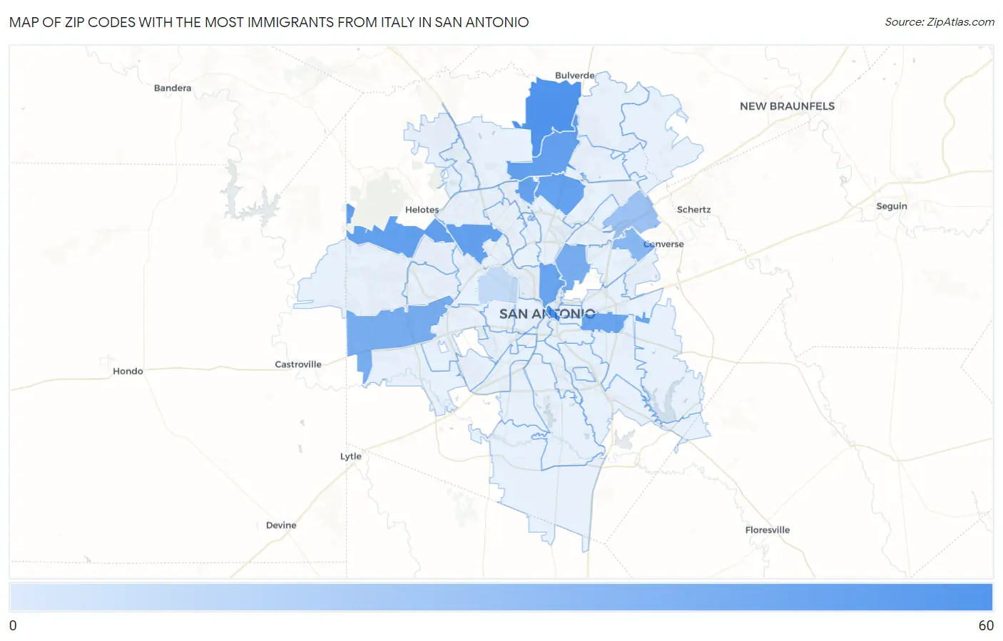 Zip Codes with the Most Immigrants from Italy in San Antonio Map