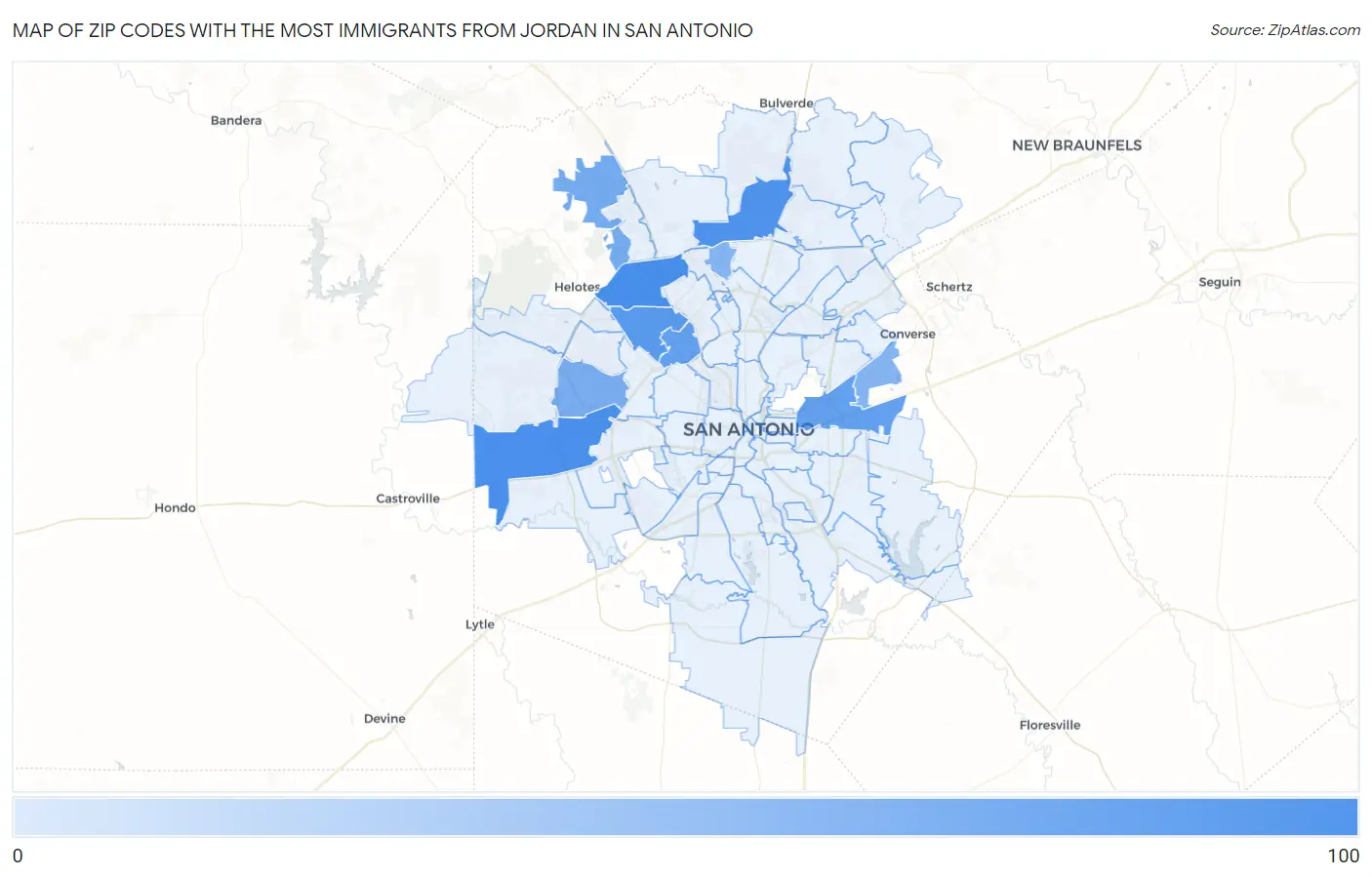 Zip Codes with the Most Immigrants from Jordan in San Antonio Map