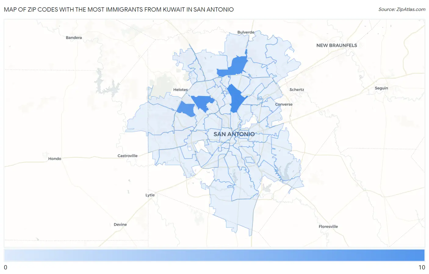 Zip Codes with the Most Immigrants from Kuwait in San Antonio Map