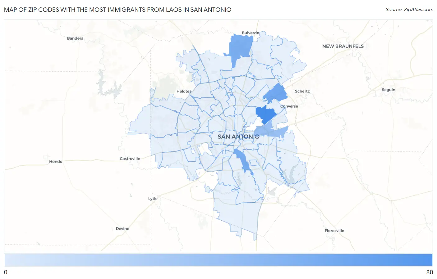 Zip Codes with the Most Immigrants from Laos in San Antonio Map