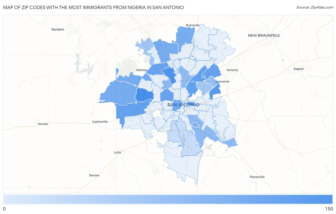 Zip Codes with the Most Immigrants from Nigeria in San Antonio Map