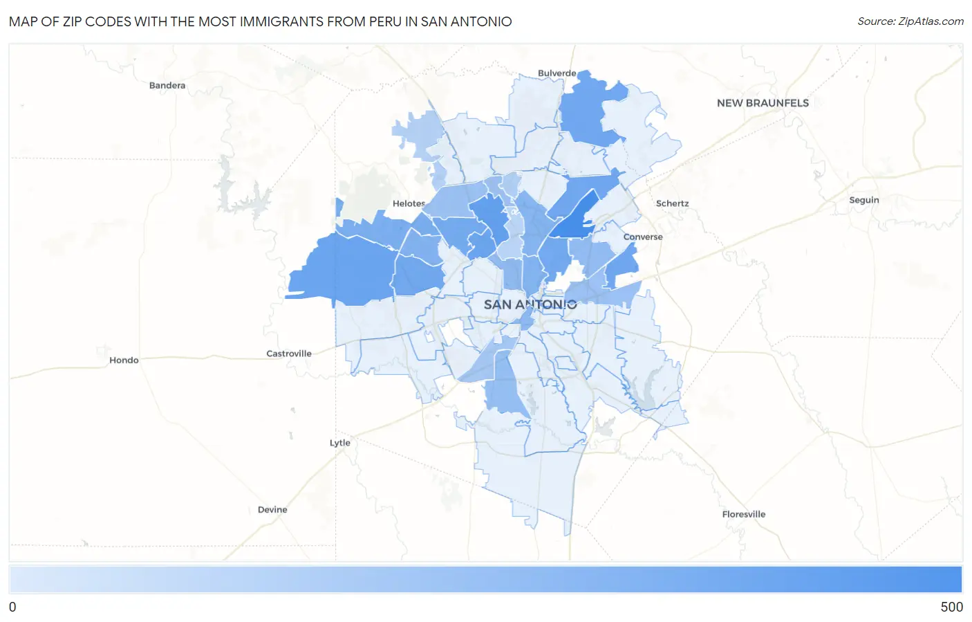 Zip Codes with the Most Immigrants from Peru in San Antonio Map