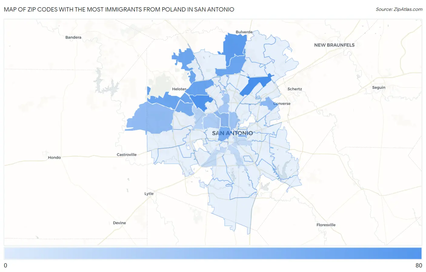 Zip Codes with the Most Immigrants from Poland in San Antonio Map