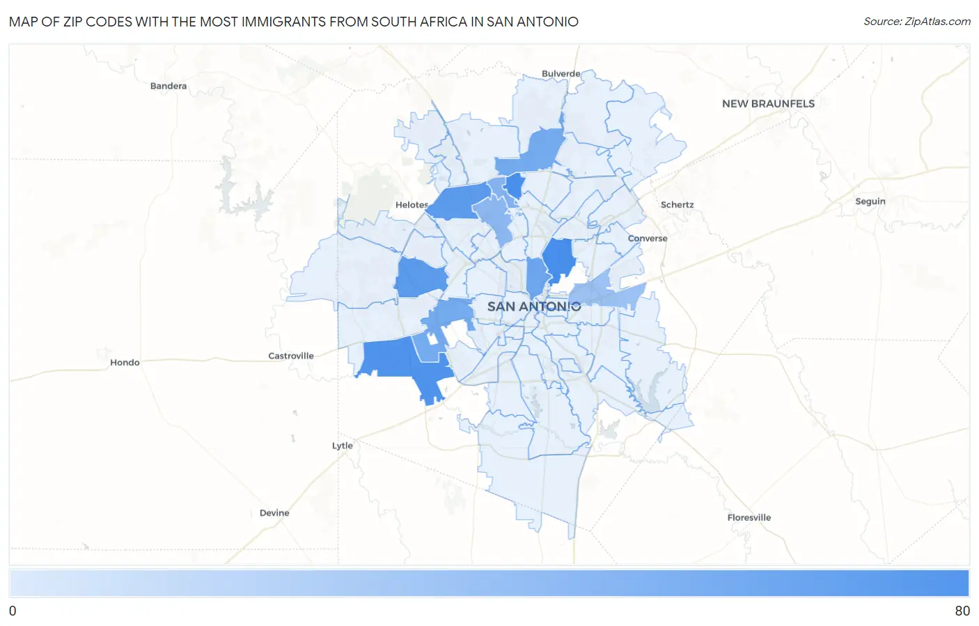 Zip Codes with the Most Immigrants from South Africa in San Antonio Map
