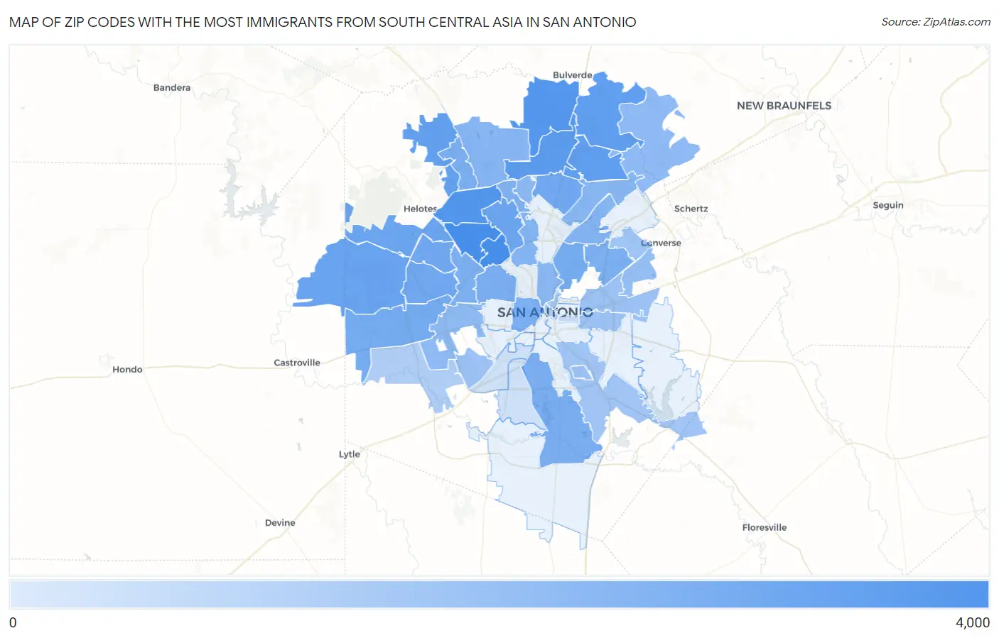 Zip Codes with the Most Immigrants from South Central Asia in San Antonio Map