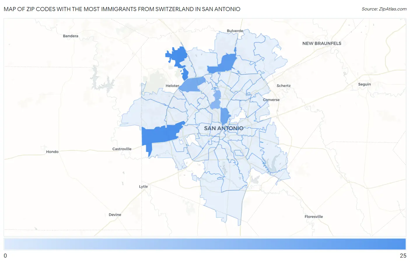 Zip Codes with the Most Immigrants from Switzerland in San Antonio Map
