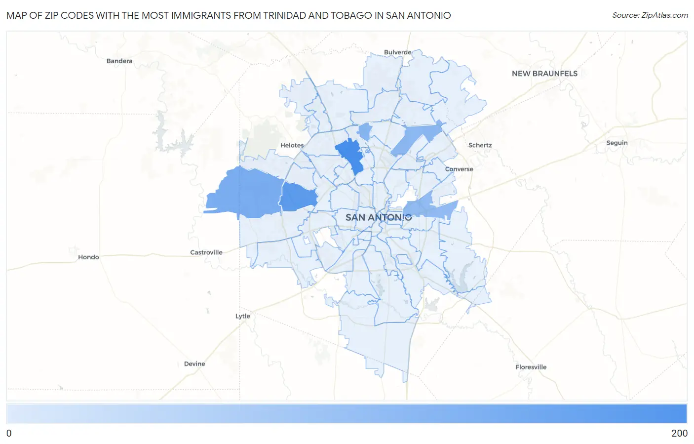Zip Codes with the Most Immigrants from Trinidad and Tobago in San Antonio Map