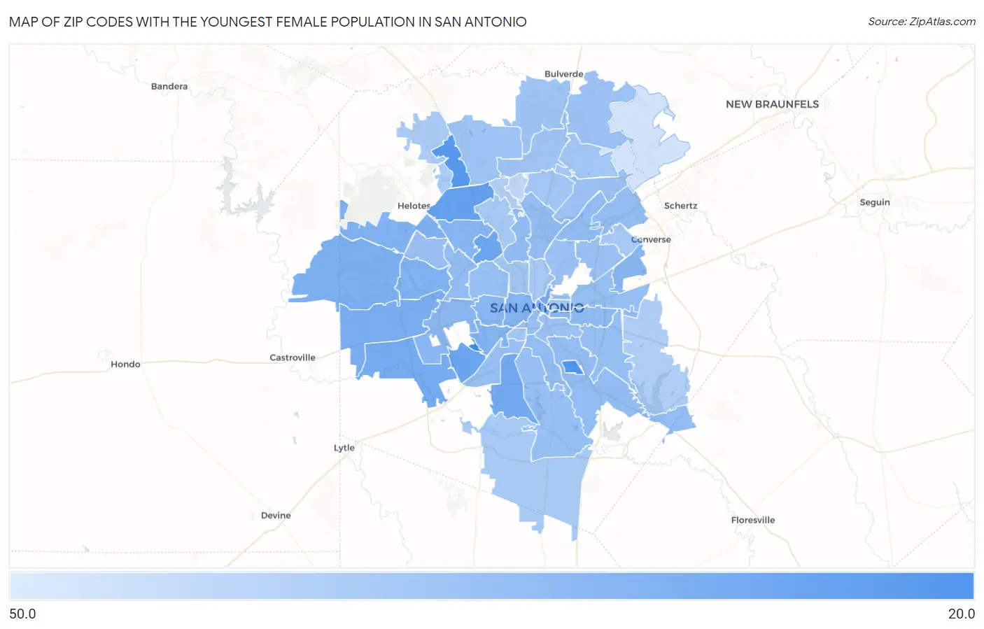 Zip Codes with the Youngest Female Population in San Antonio Map