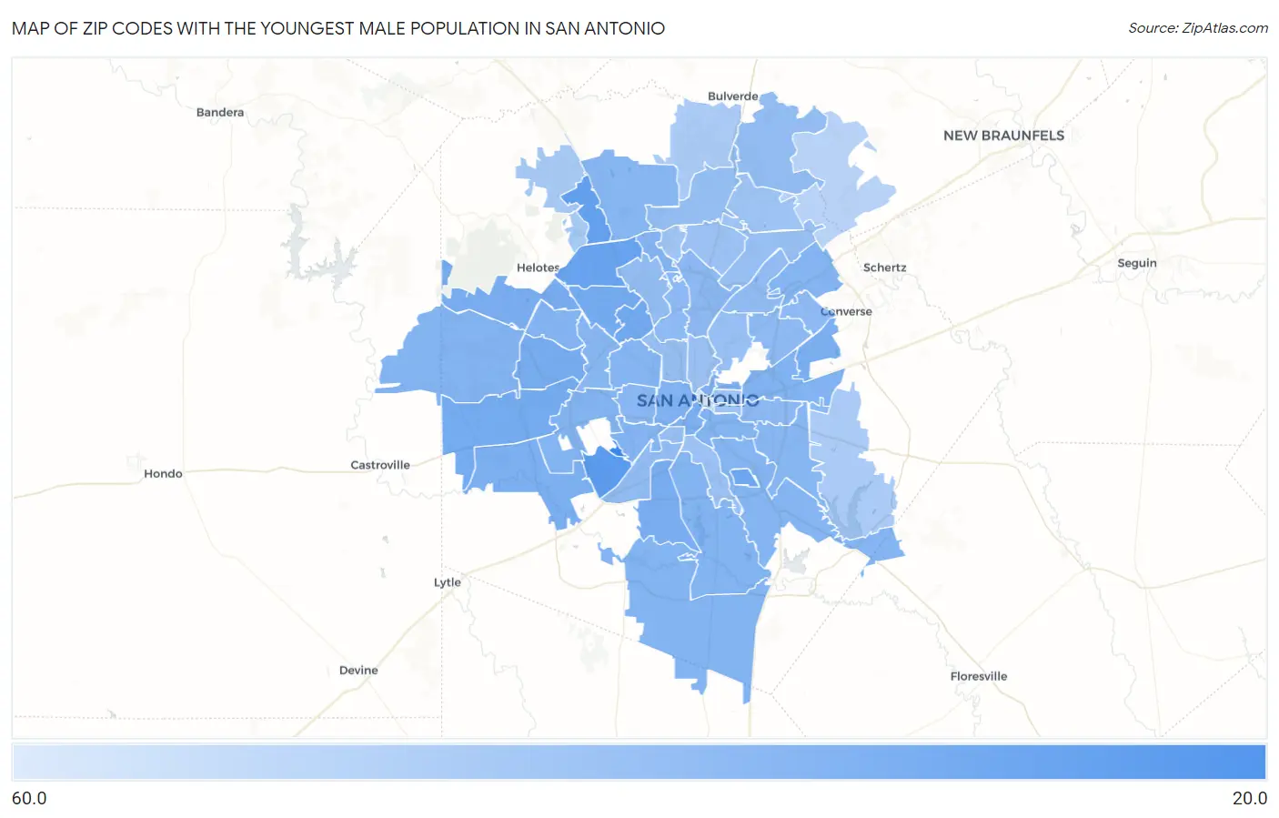 Zip Codes with the Youngest Male Population in San Antonio Map