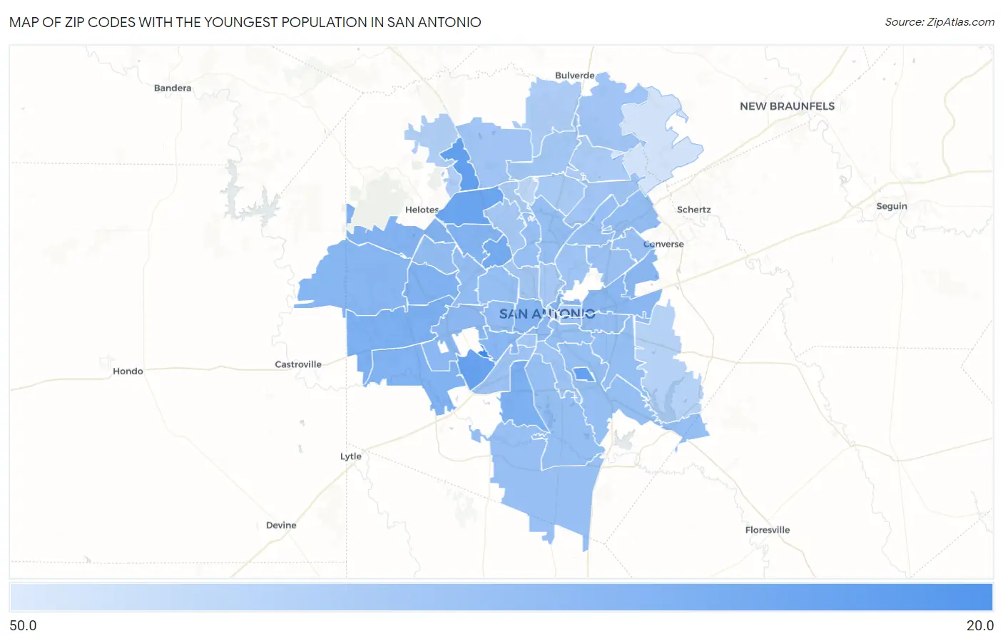 Zip Codes with the Youngest Population in San Antonio Map