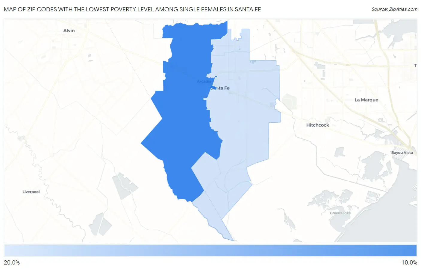 Zip Codes with the Lowest Poverty Level Among Single Females in Santa Fe Map