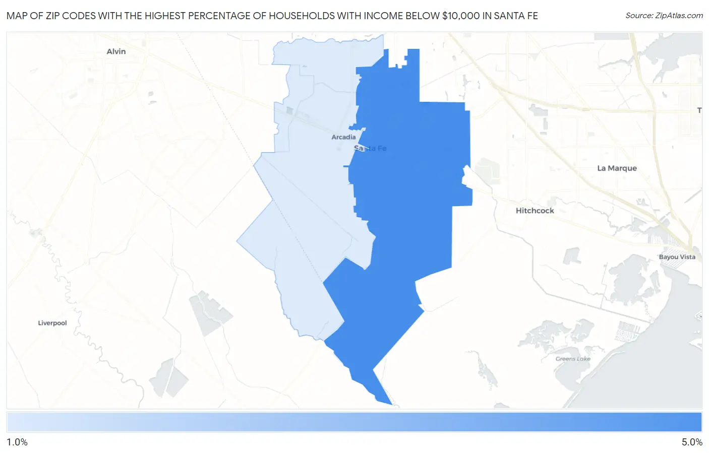 Zip Codes with the Highest Percentage of Households with Income Below $10,000 in Santa Fe Map