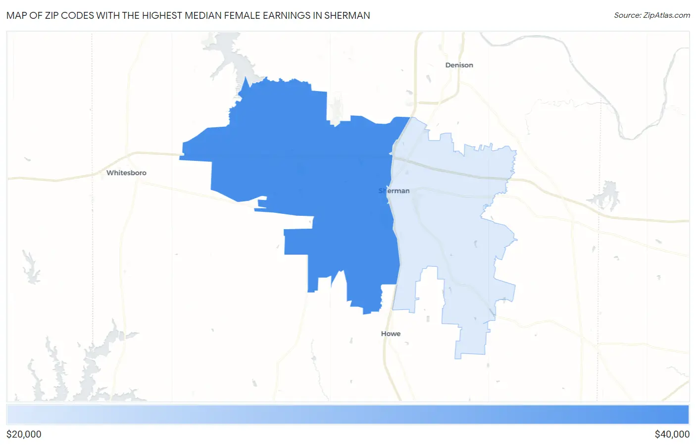 Zip Codes with the Highest Median Female Earnings in Sherman Map