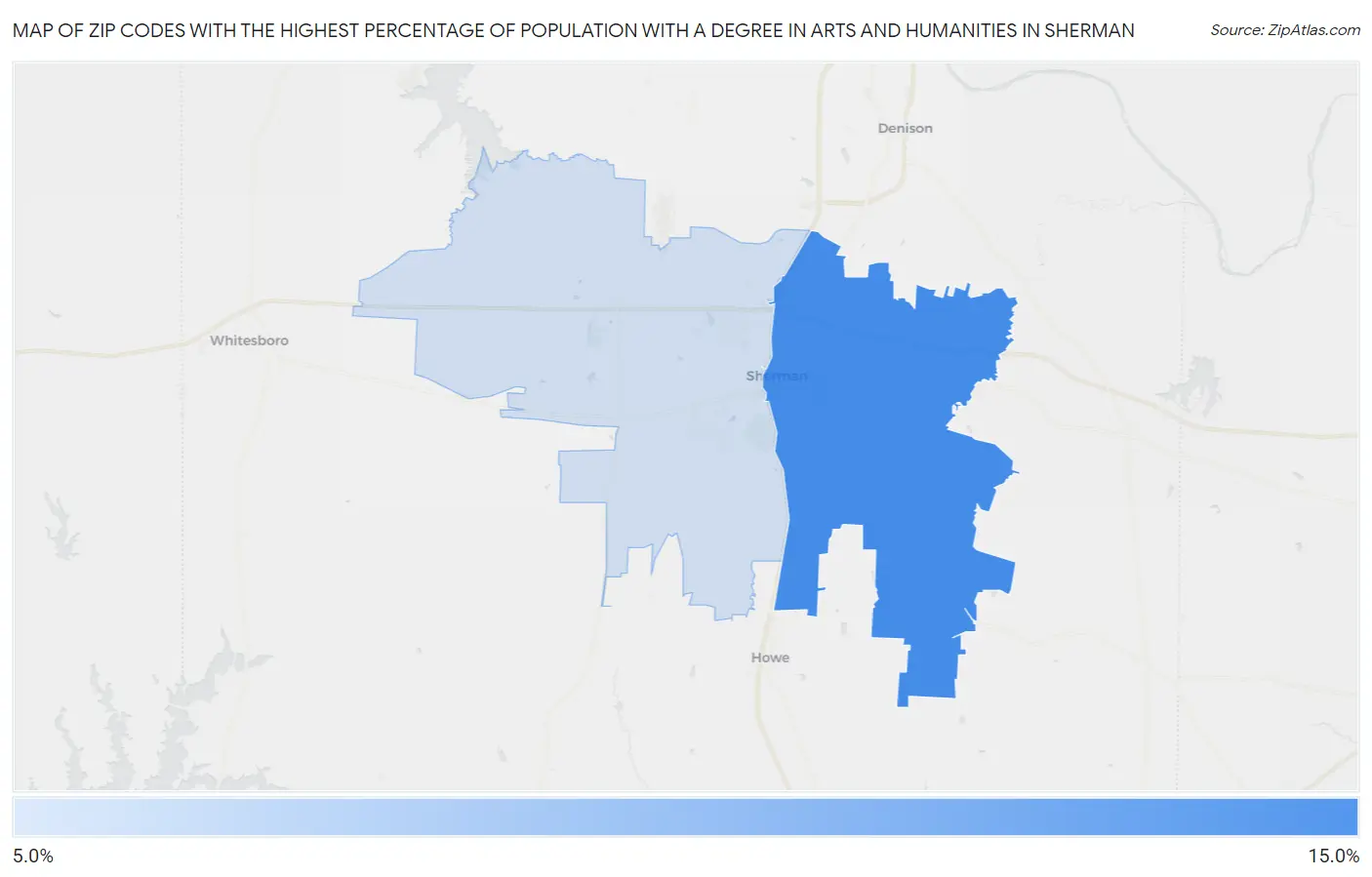 Zip Codes with the Highest Percentage of Population with a Degree in Arts and Humanities in Sherman Map