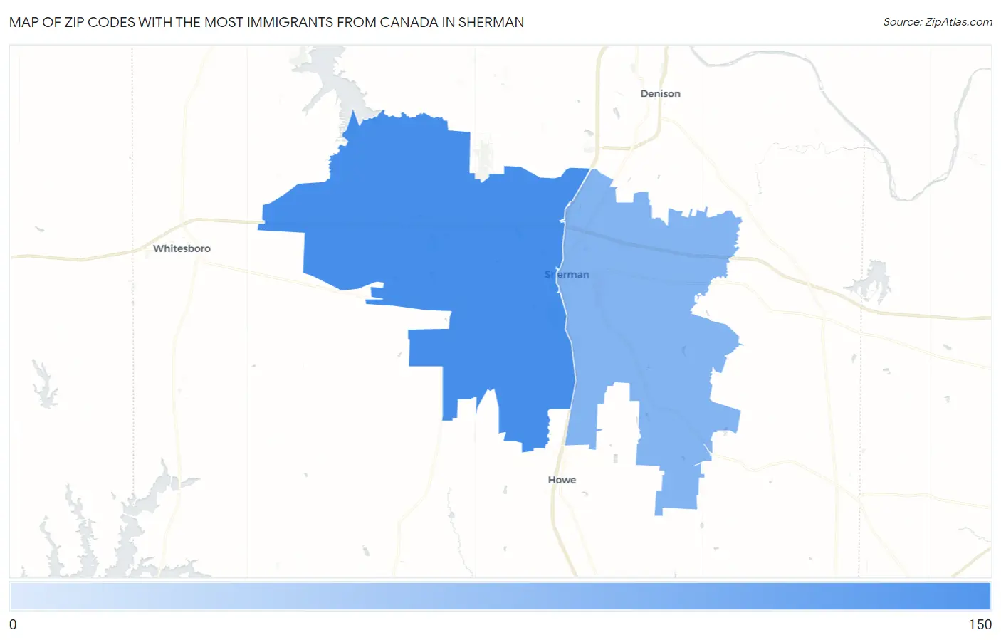 Zip Codes with the Most Immigrants from Canada in Sherman Map