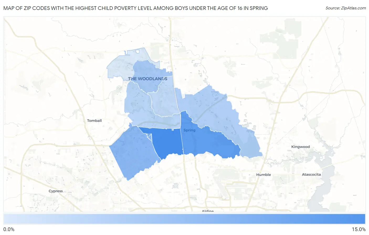Zip Codes with the Highest Child Poverty Level Among Boys Under the Age of 16 in Spring Map