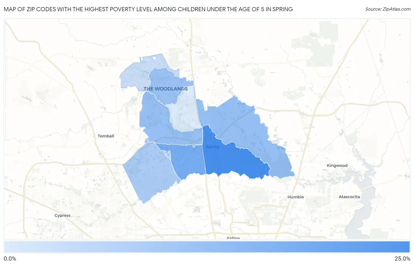 Zip Codes with the Highest Poverty Level Among Children Under the Age of 5 in Spring Map