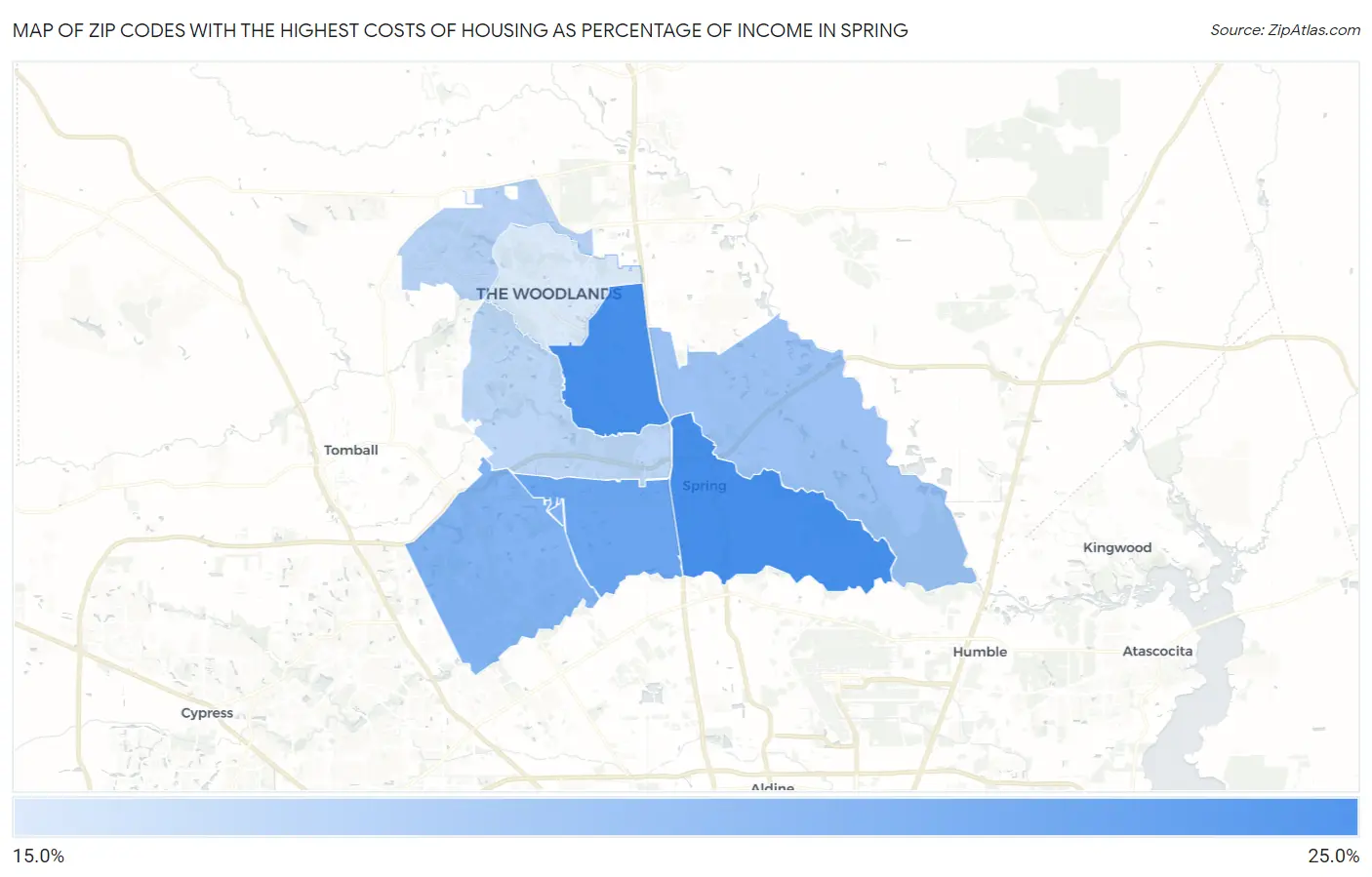 Zip Codes with the Highest Costs of Housing as Percentage of Income in Spring Map