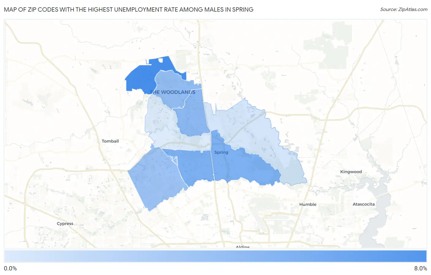 Zip Codes with the Highest Unemployment Rate Among Males in Spring Map