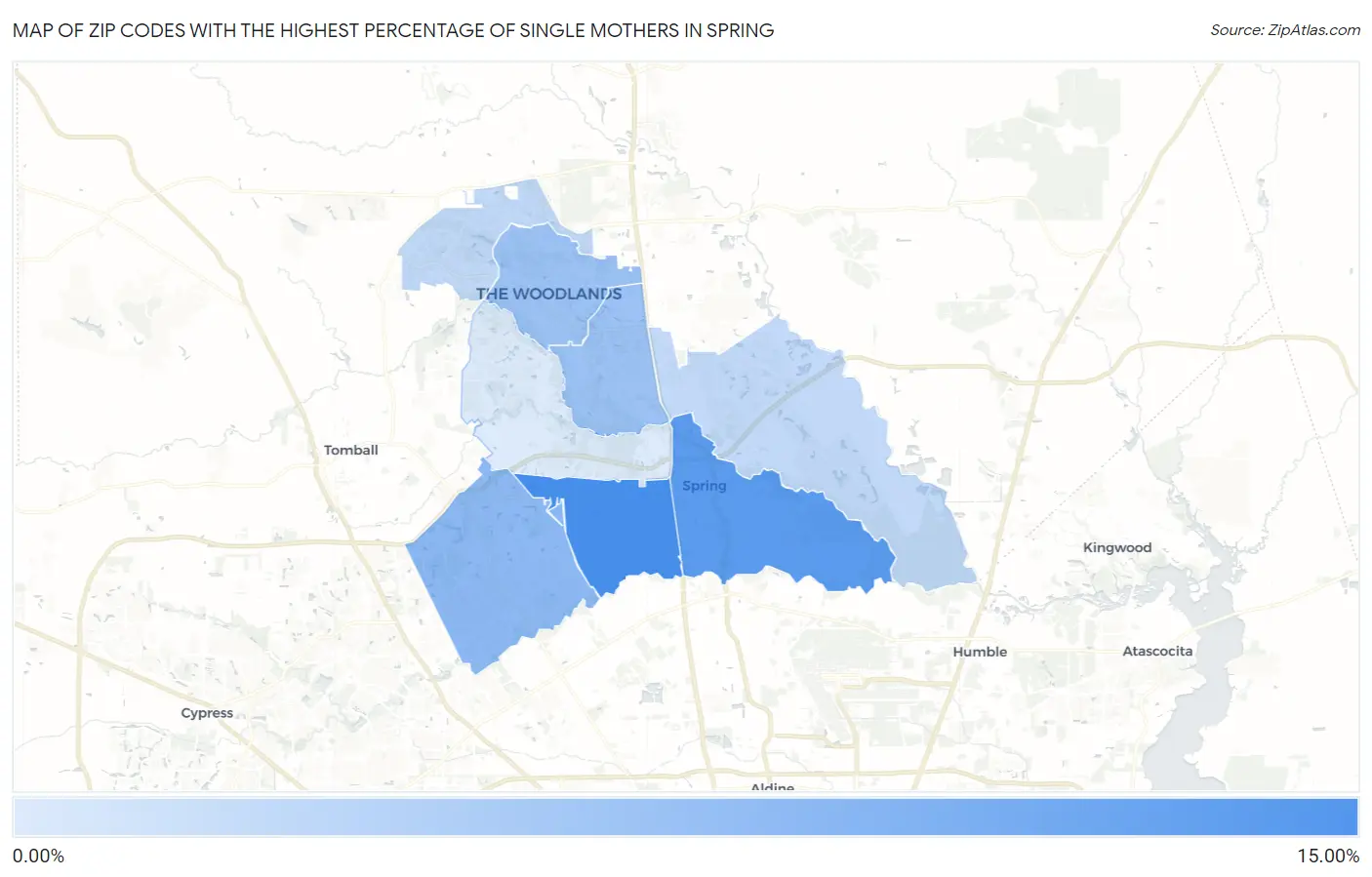 Zip Codes with the Highest Percentage of Single Mothers in Spring Map