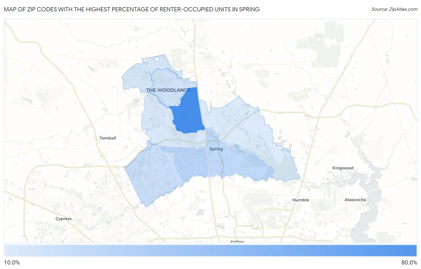 Zip Codes with the Highest Percentage of Renter-Occupied Units in Spring Map