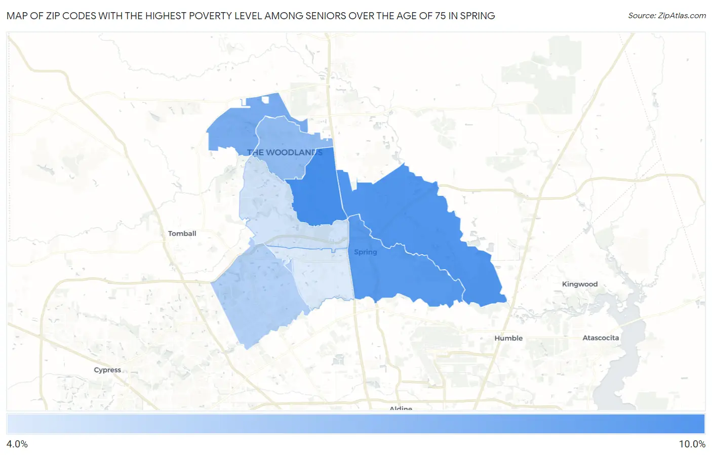 Zip Codes with the Highest Poverty Level Among Seniors Over the Age of 75 in Spring Map